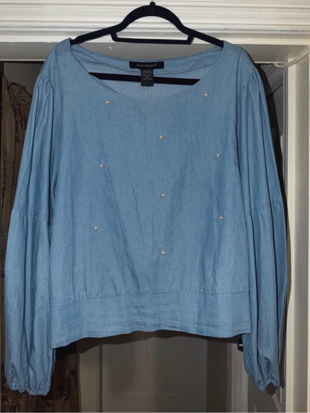 Light Blue Pearl-Accent Linen Blend Peasant Blouse